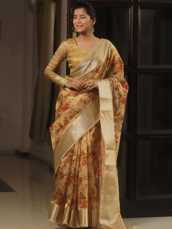 Banarasee Handwoven Tissue Saree With Printed Floral Design-Gold