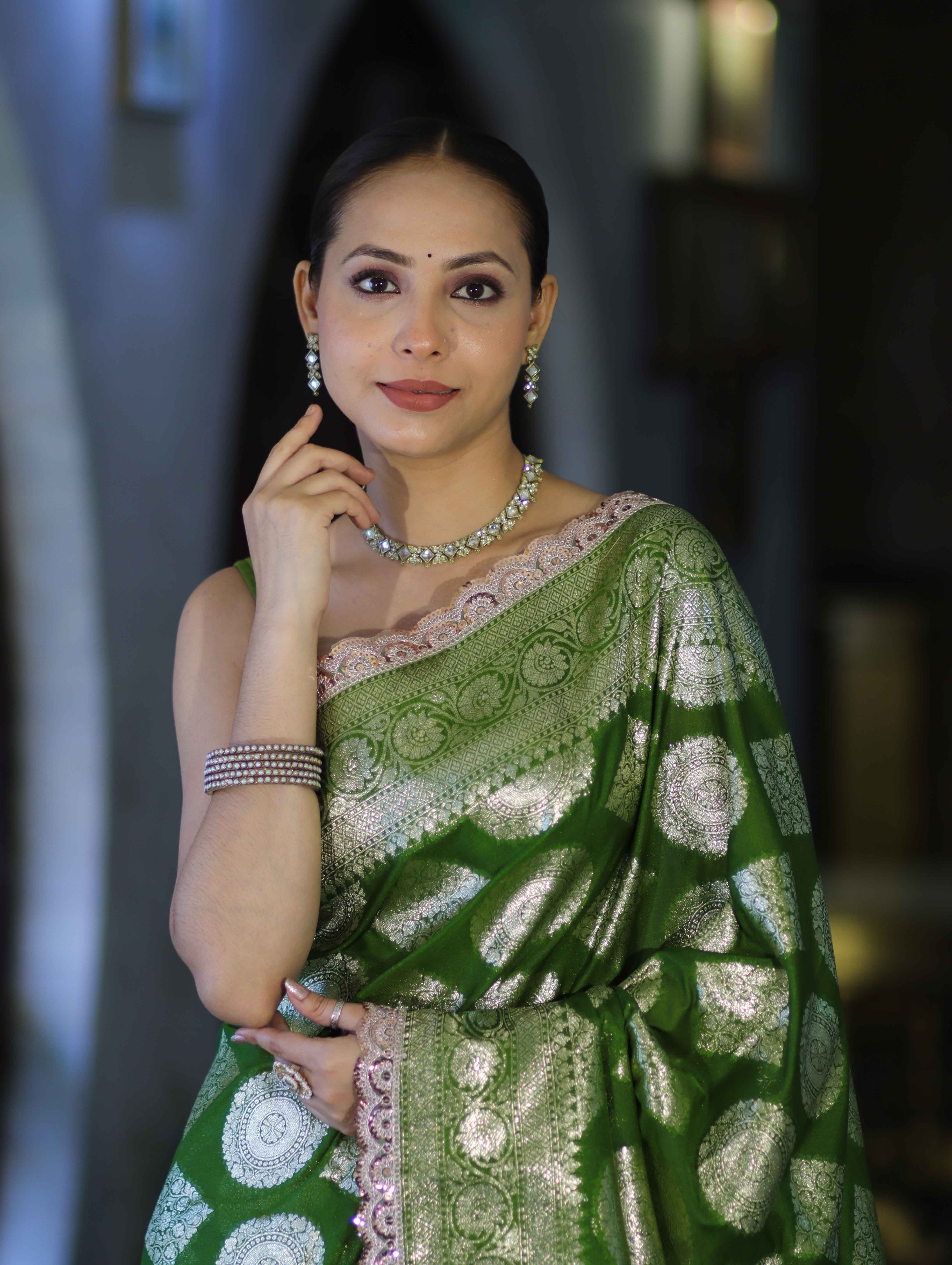 Banarasee Handloom Semi Silk Saree With Buta Design Zari Border & Lace-Green