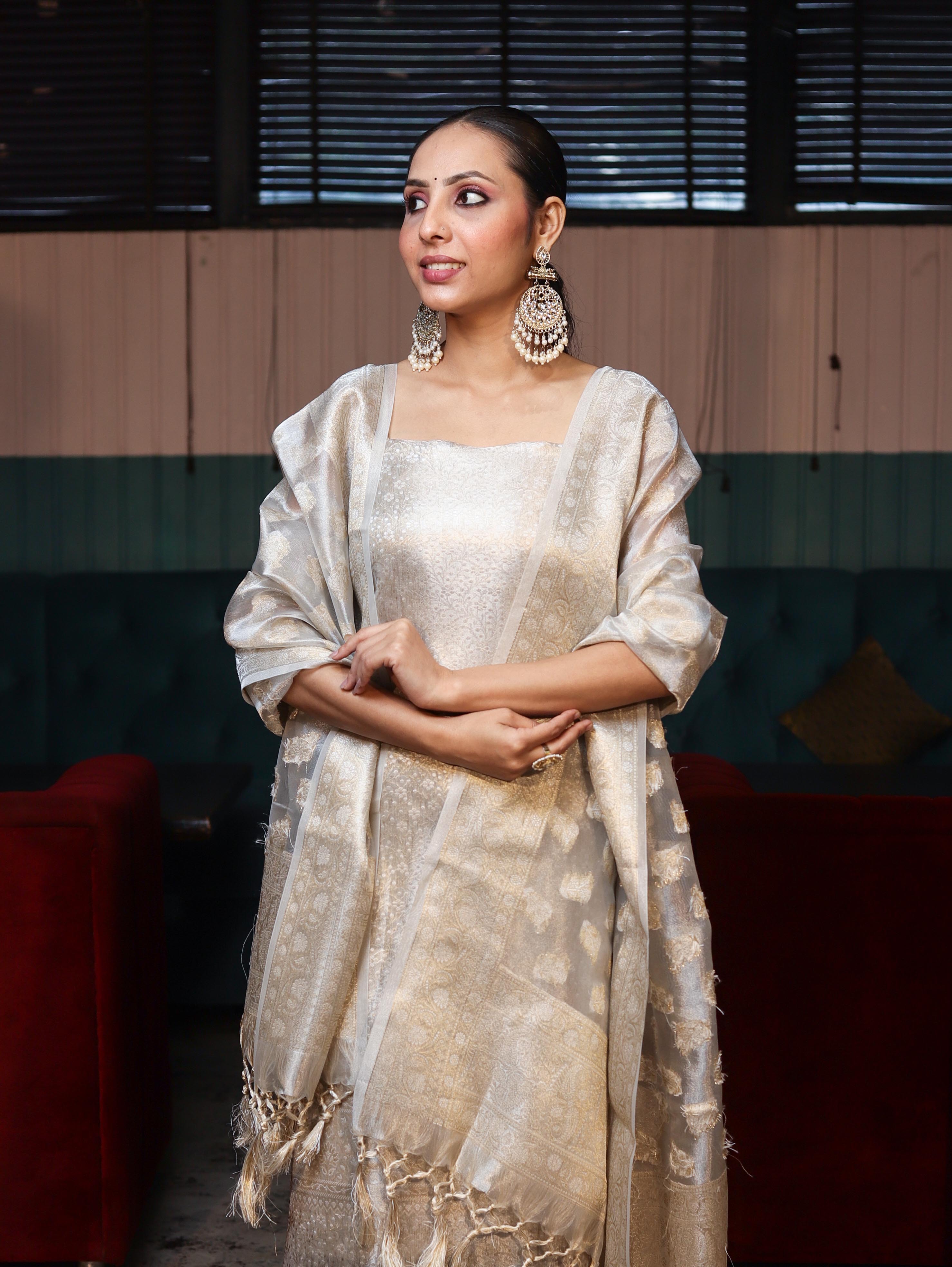 Banarasee Tissue Zari Weaving Salwar Kameez Fabric With Dupatta Set-Silver