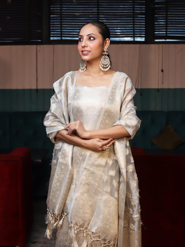 Banarasee Tissue Zari Weaving Salwar Kameez Fabric With Dupatta Set-Silver