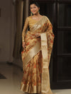 Banarasee Handwoven Tissue Saree With Printed Floral Design-Gold