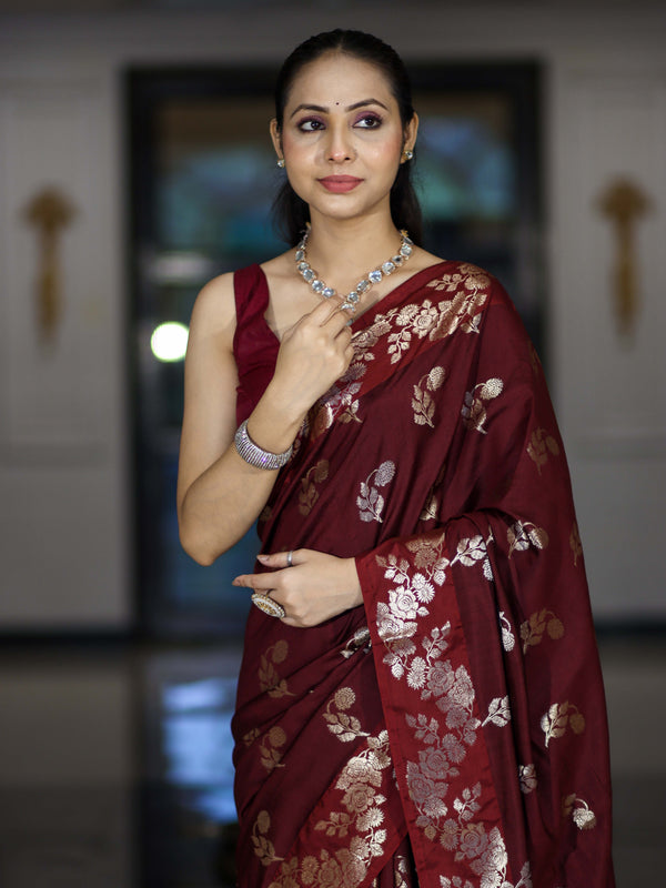 Banarasee Handloom Pure Chiniya Silk Saree With Zari Work-Burgundy