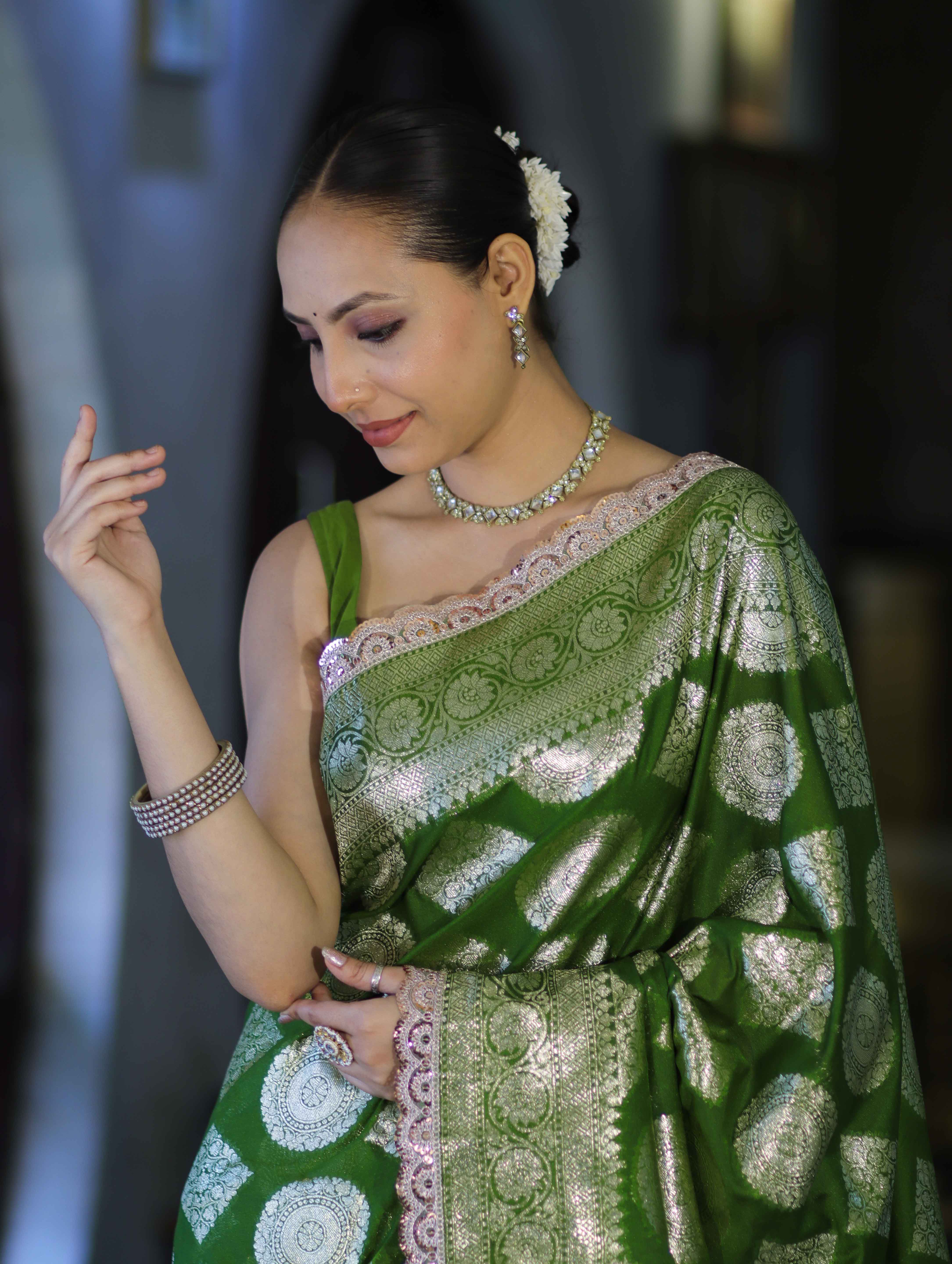 Banarasee Handloom Semi Silk Saree With Buta Design Zari Border & Lace-Green