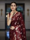 Banarasee Handloom Pure Chiniya Silk Saree With Zari Work-Burgundy