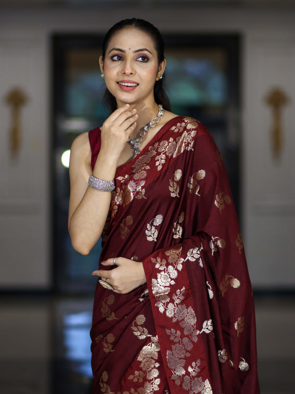 Banarasee Handloom Pure Chiniya Silk Saree With Zari Work-Burgundy