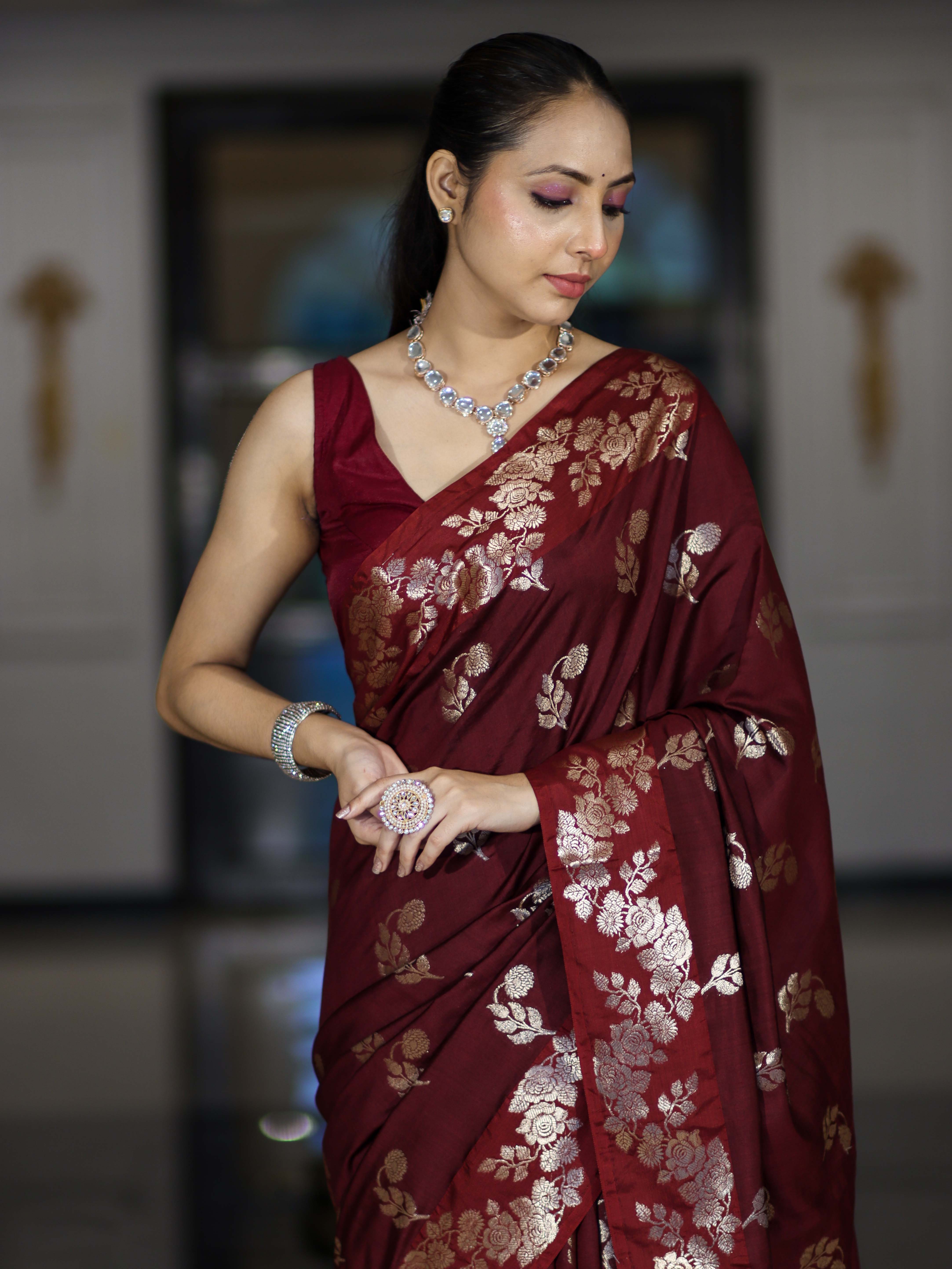 Banarasee Handloom Pure Chiniya Silk Saree With Zari Work-Burgundy