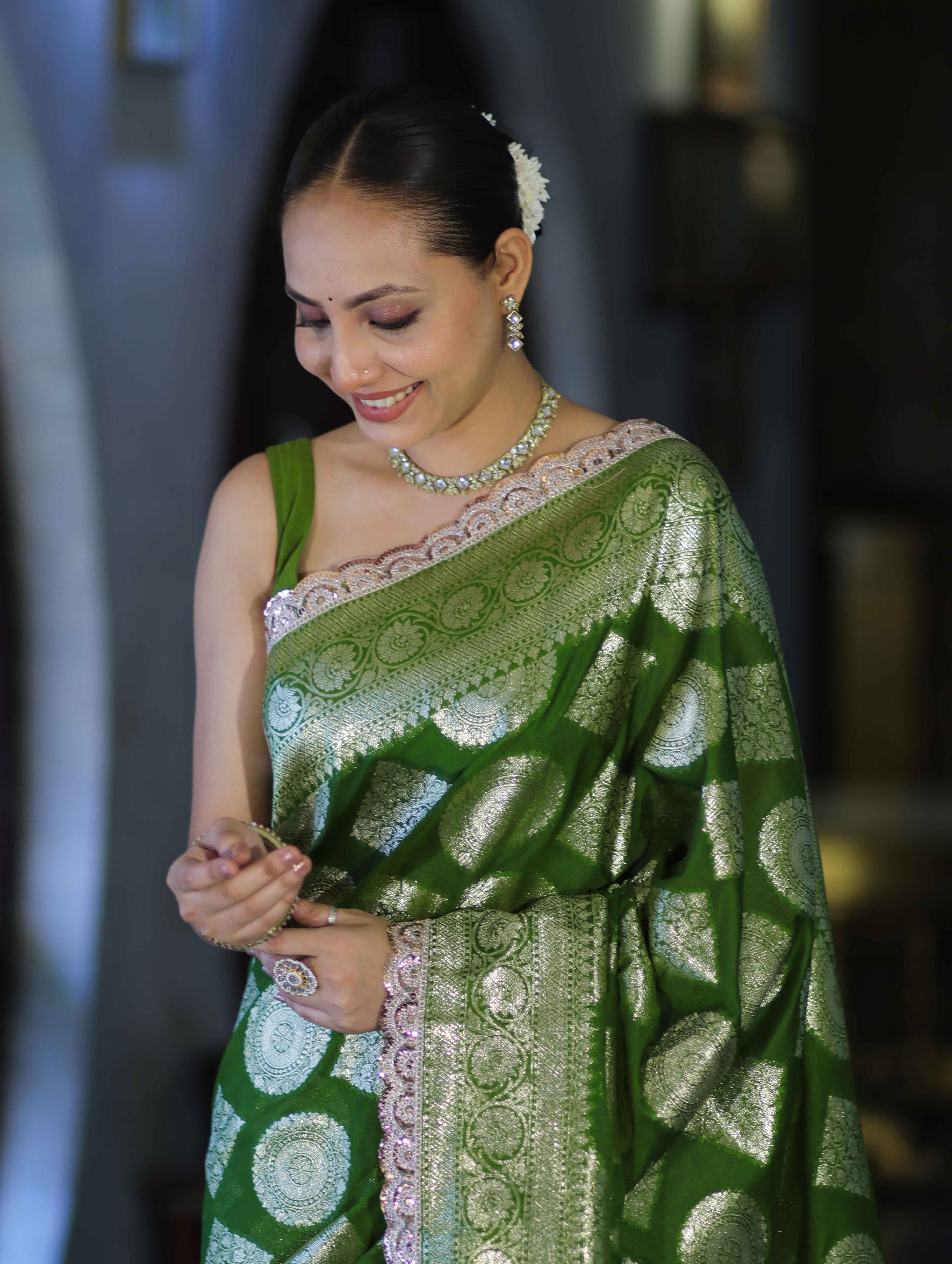 Banarasee Handloom Semi Silk Saree With Buta Design Zari Border & Lace-Green