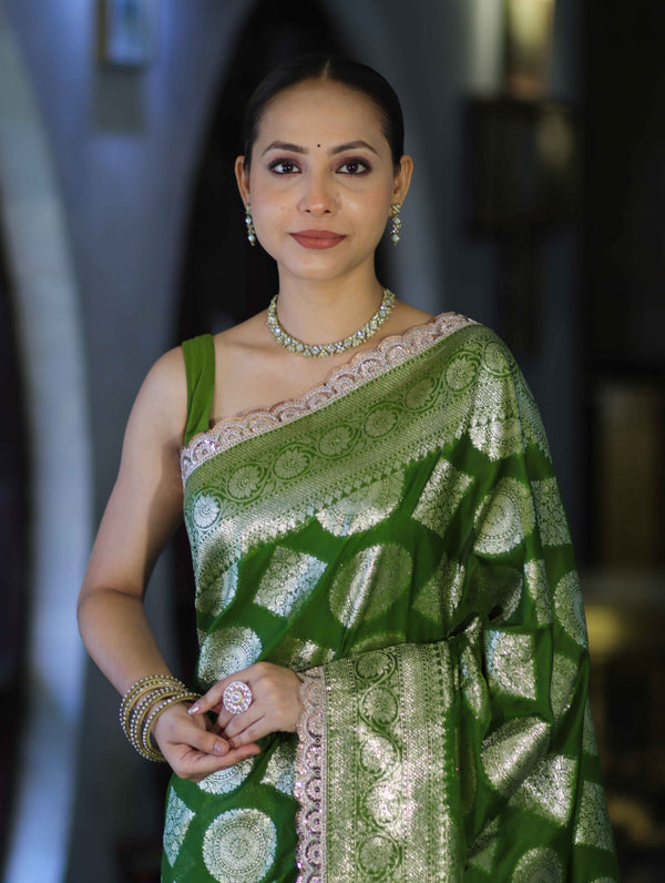 Banarasee Handloom Semi Silk Saree With Buta Design Zari Border & Lace-Green