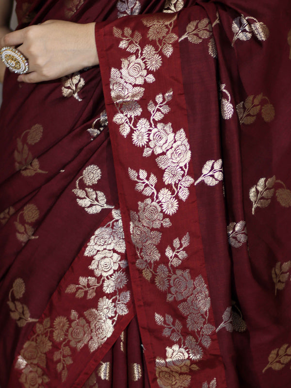 Banarasee Handloom Pure Chiniya Silk Saree With Zari Work-Burgundy