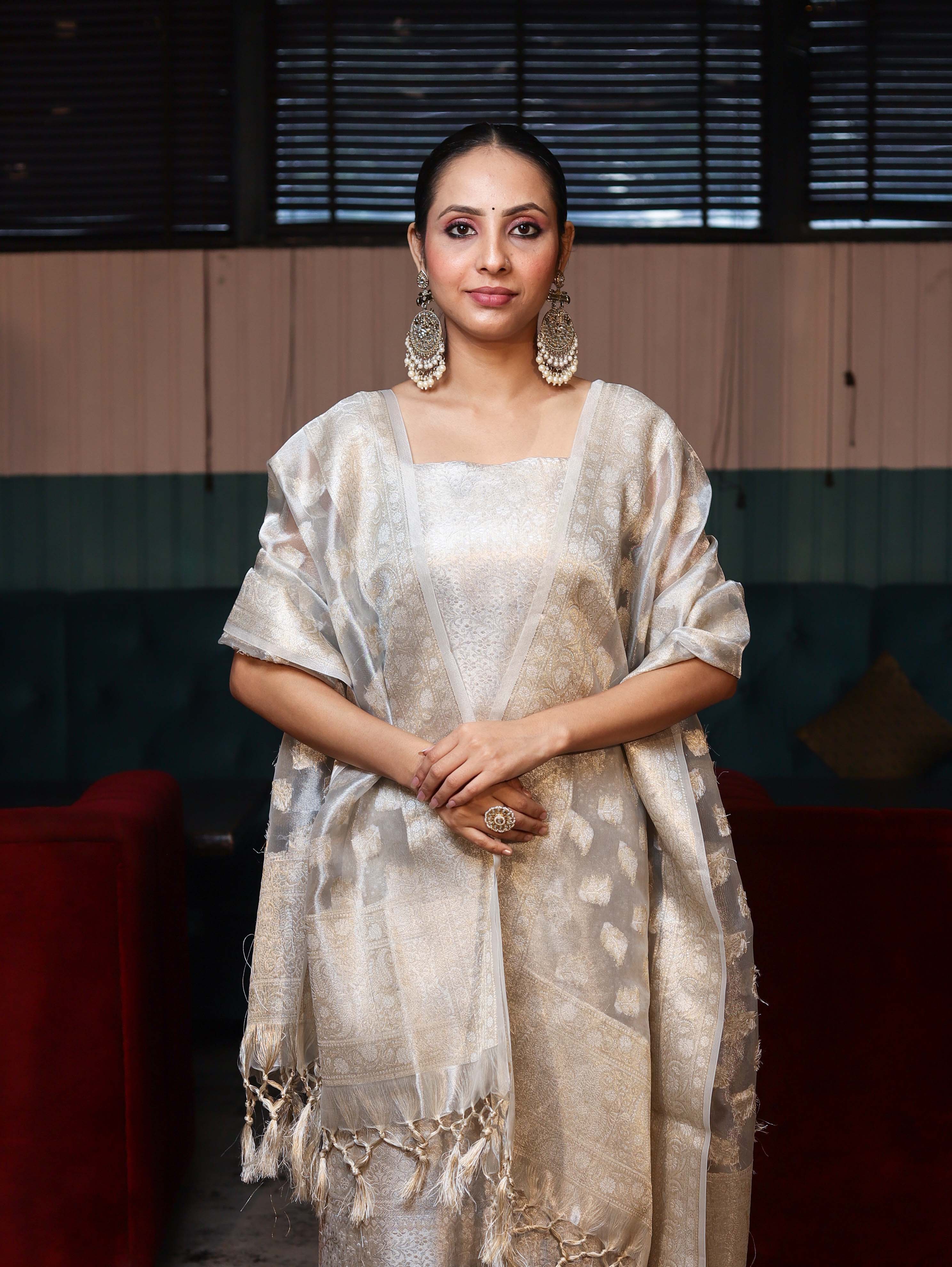 Banarasee Tissue Zari Weaving Salwar Kameez Fabric With Dupatta Set-Silver