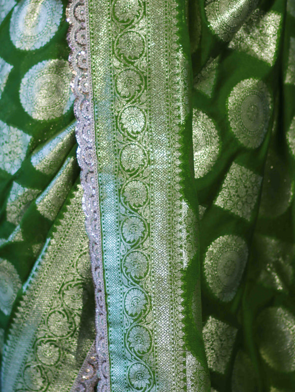 Banarasee Handloom Semi Silk Saree With Buta Design Zari Border & Lace-Green