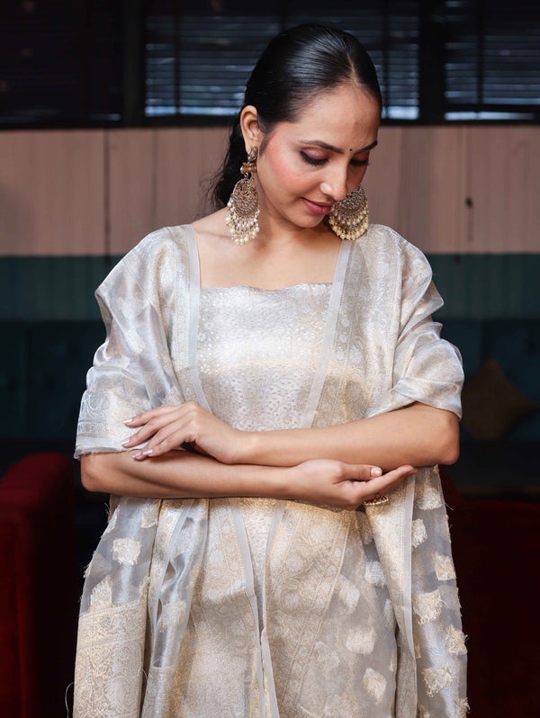 Banarasee Tissue Zari Weaving Salwar Kameez Fabric With Dupatta Set-Silver