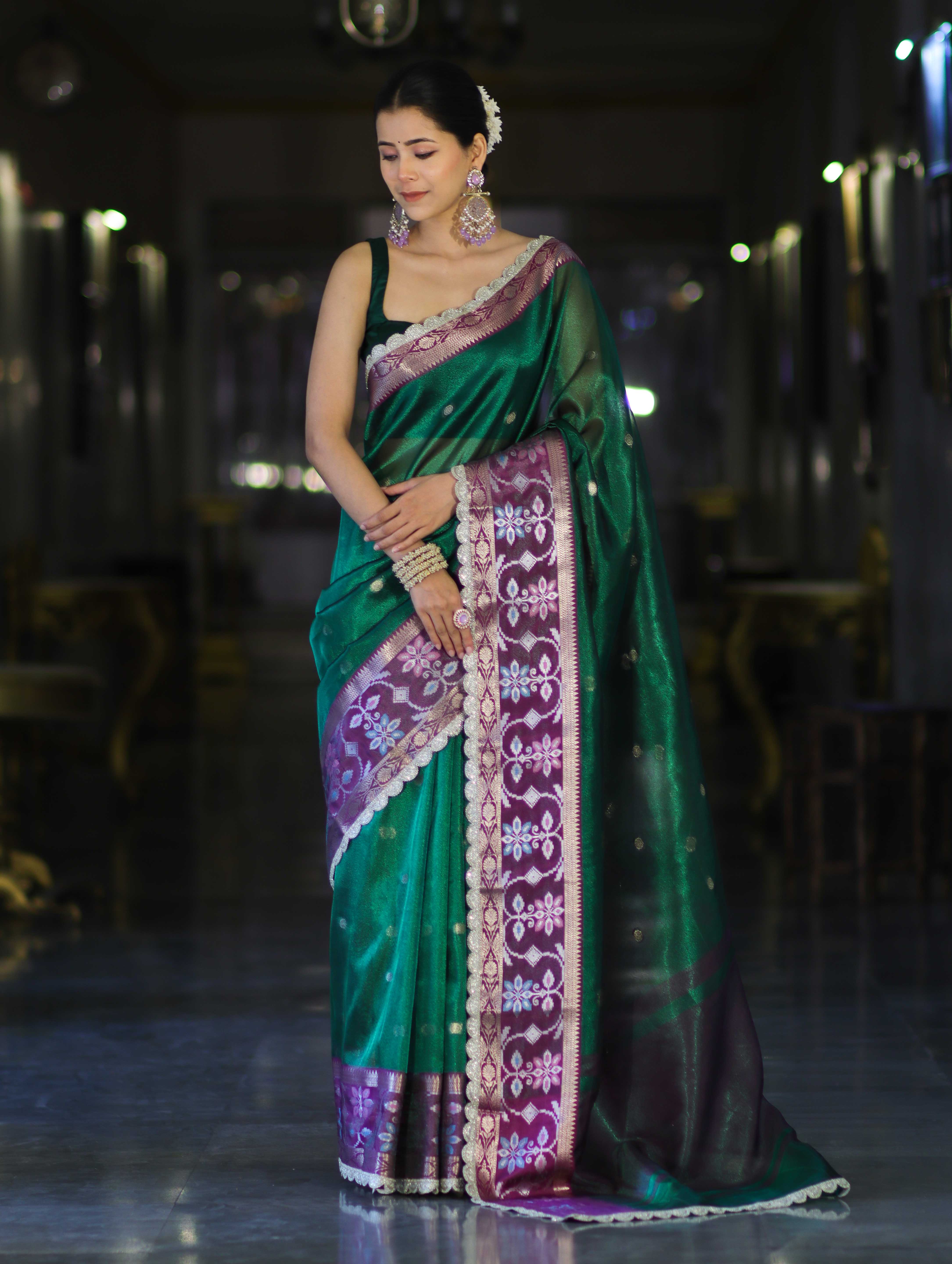Banarasee Handwoven Tissue Saree With Buti Design Contrast Meena Border & Lace-Green & Violet