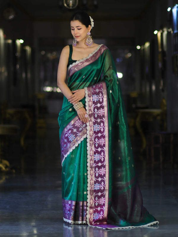 Banarasee Handwoven Tissue Saree With Buti Design Contrast Meena Border & Lace-Green & Violet