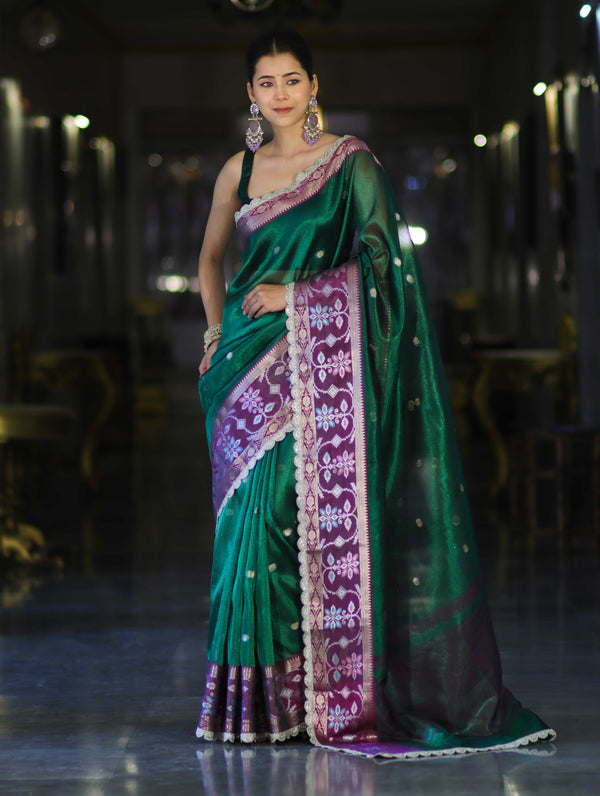 Banarasee Handwoven Tissue Saree With Buti Design Contrast Meena Border & Lace-Green & Violet