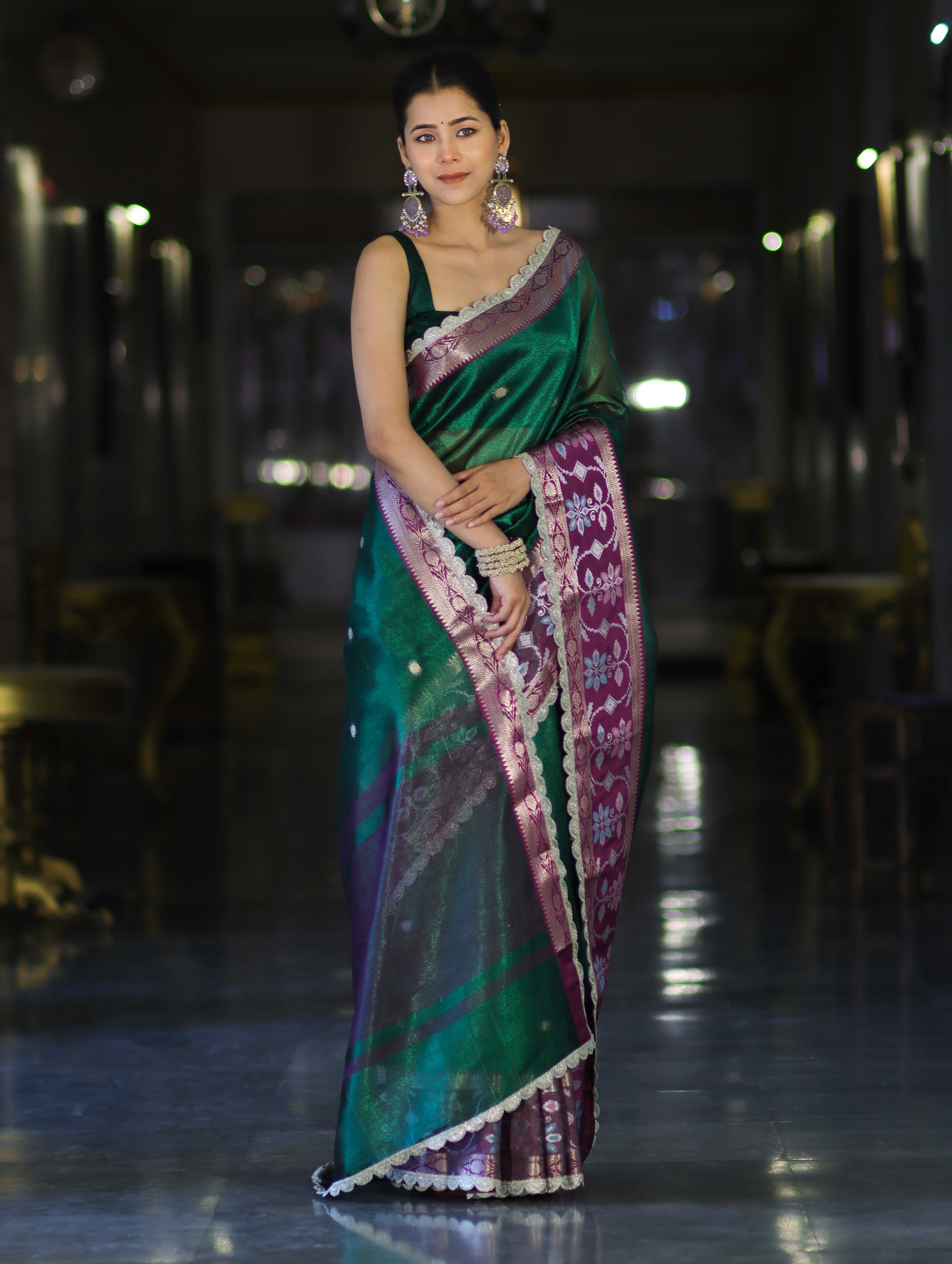 Banarasee Handwoven Tissue Saree With Buti Design Contrast Meena Border & Lace-Green & Violet