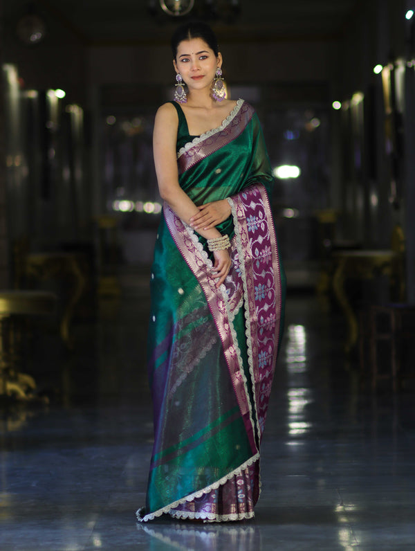 Banarasee Handwoven Tissue Saree With Buti Design Contrast Meena Border & Lace-Green & Violet