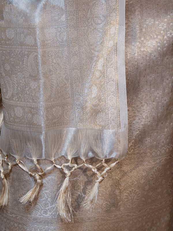 Banarasee Tissue Zari Weaving Salwar Kameez Fabric With Dupatta Set-Silver