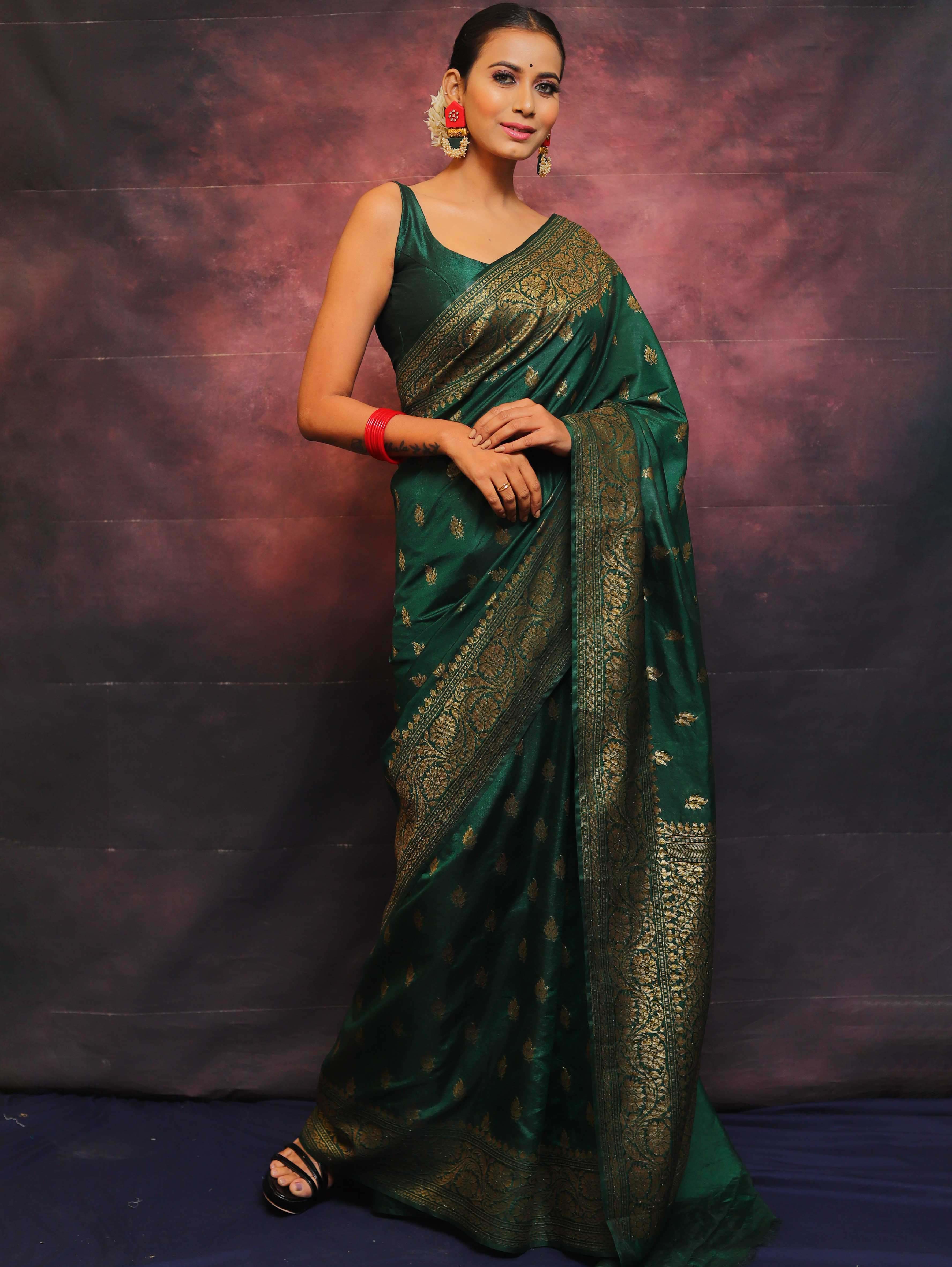 Banarasee Semi-Chiffon Saree With Antique Gold Zari Work-Green