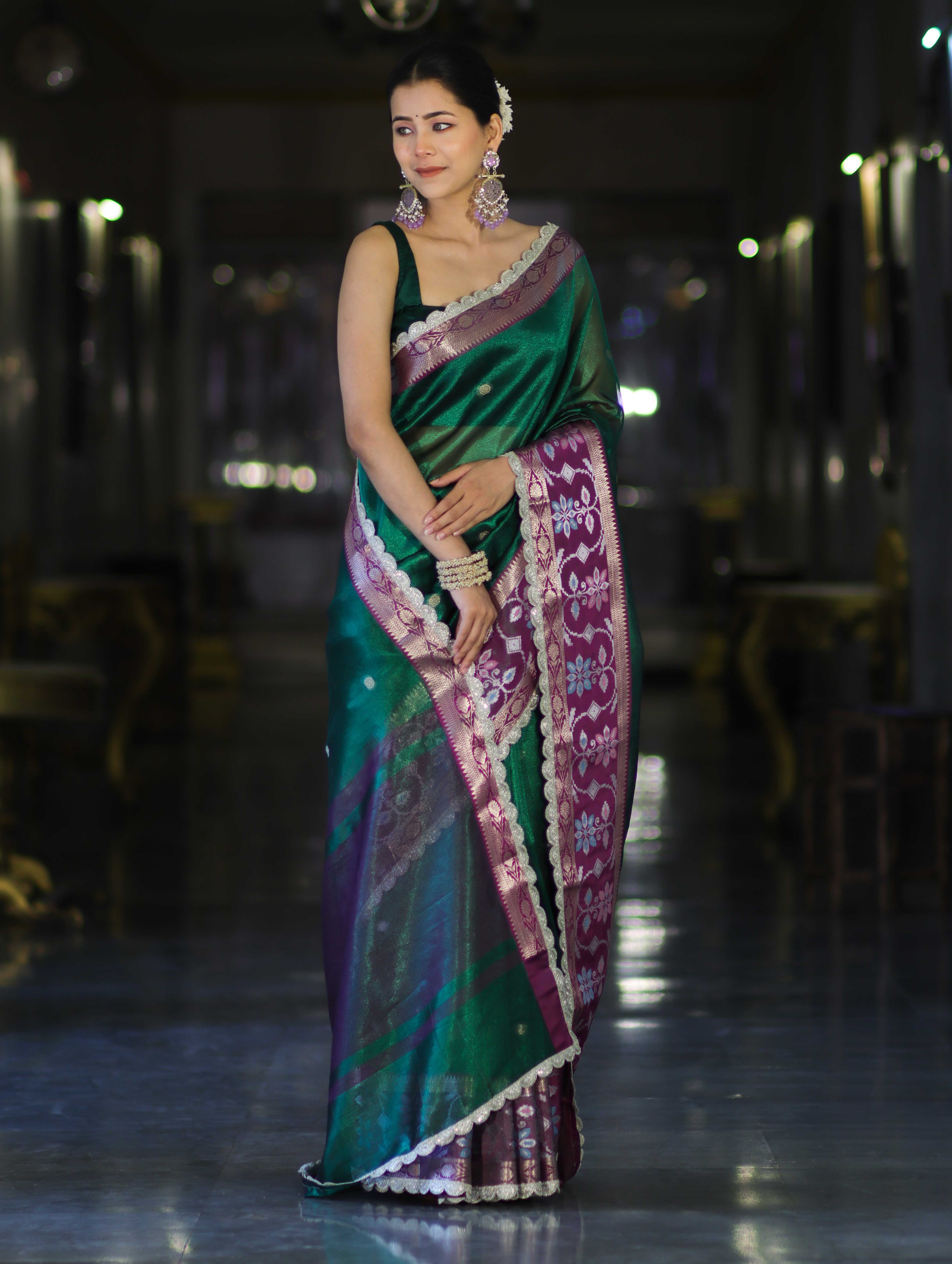 Banarasee Handwoven Tissue Saree With Buti Design Contrast Meena Border & Lace-Green & Violet