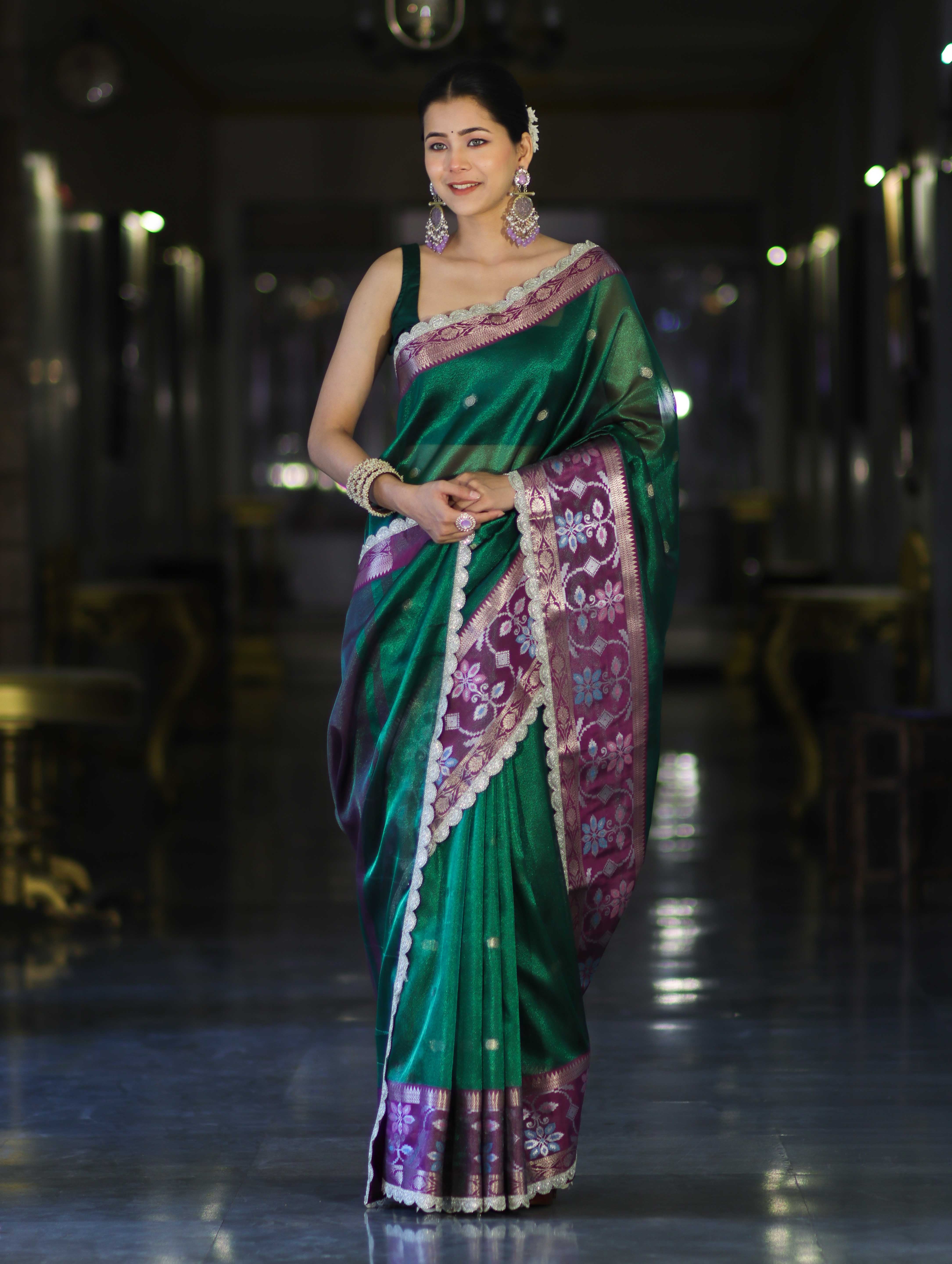 Banarasee Handwoven Tissue Saree With Buti Design Contrast Meena Border & Lace-Green & Violet