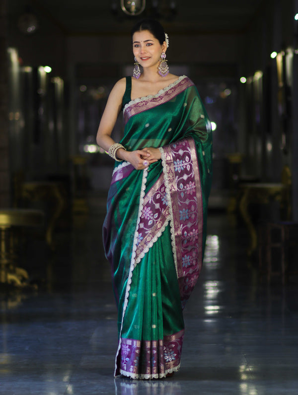 Banarasee Handwoven Tissue Saree With Buti Design Contrast Meena Border & Lace-Green & Violet