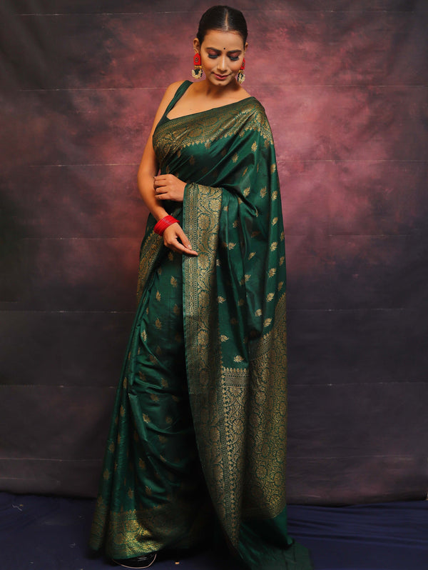 Banarasee Semi-Chiffon Saree With Antique Gold Zari Work-Green