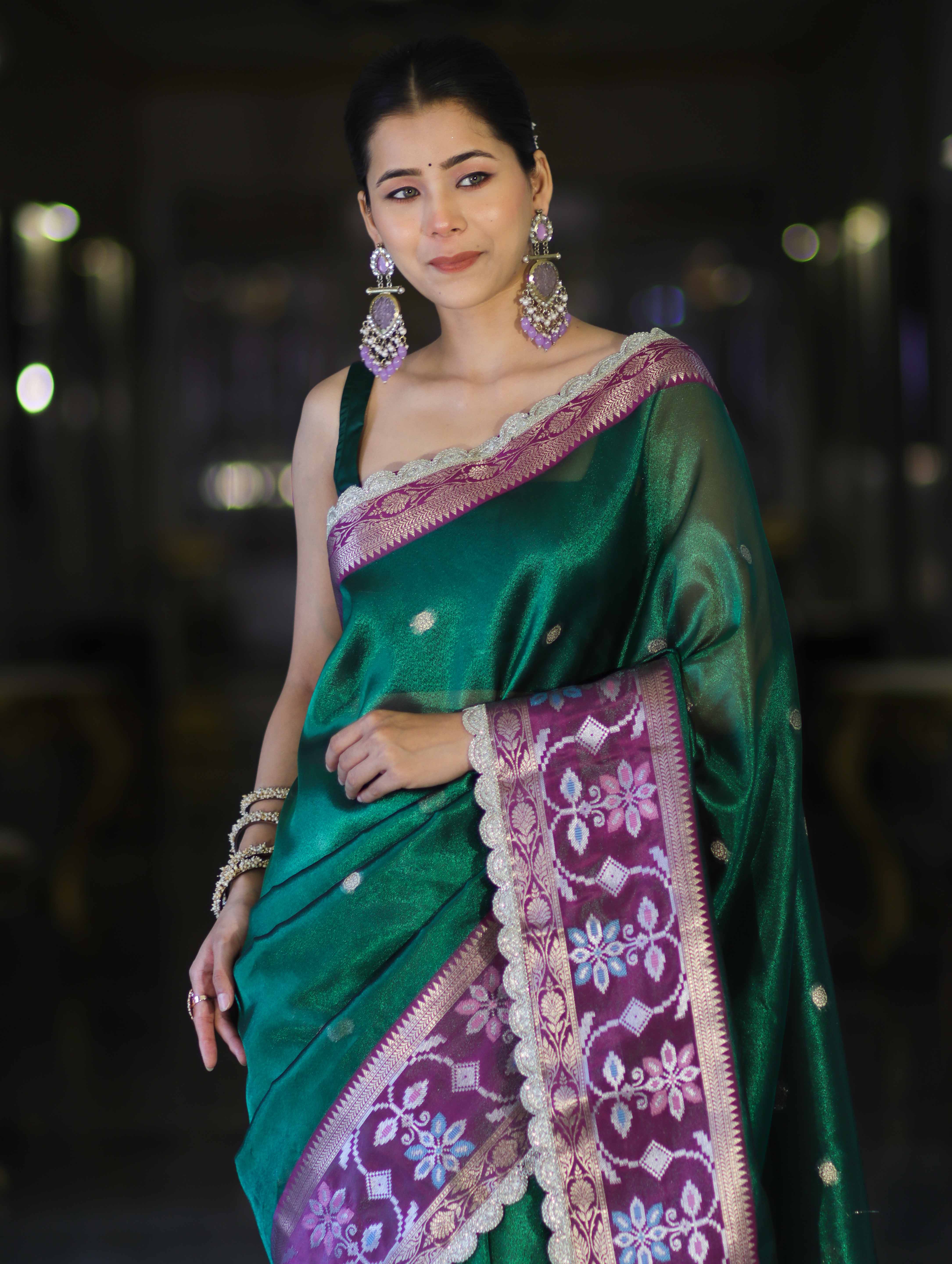 Banarasee Handwoven Tissue Saree With Buti Design Contrast Meena Border & Lace-Green & Violet