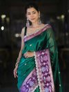 Banarasee Handwoven Tissue Saree With Buti Design Contrast Meena Border & Lace-Green & Violet