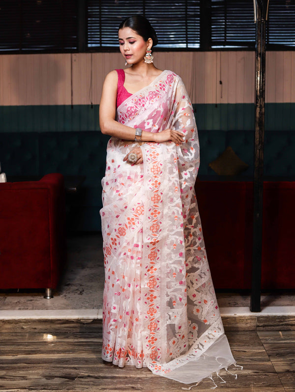Banarasee Organza Mix Saree With Zari Jaal Design-White