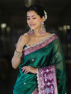 Banarasee Handwoven Tissue Saree With Buti Design Contrast Meena Border & Lace-Green & Violet