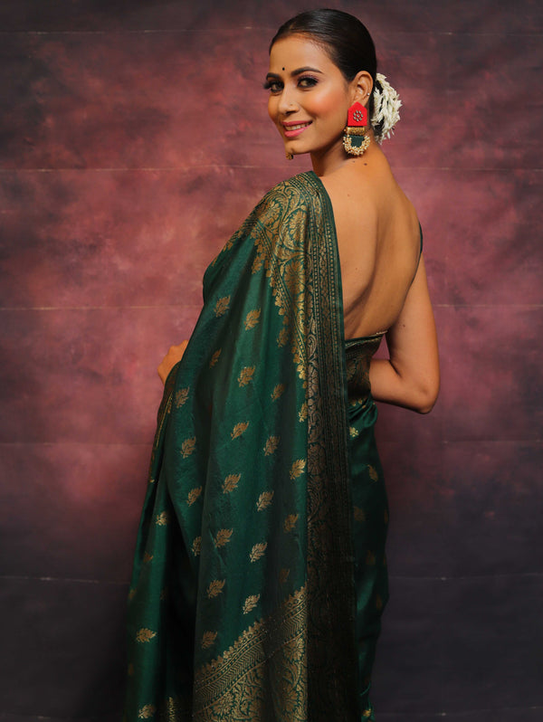 Banarasee Semi-Chiffon Saree With Antique Gold Zari Work-Green