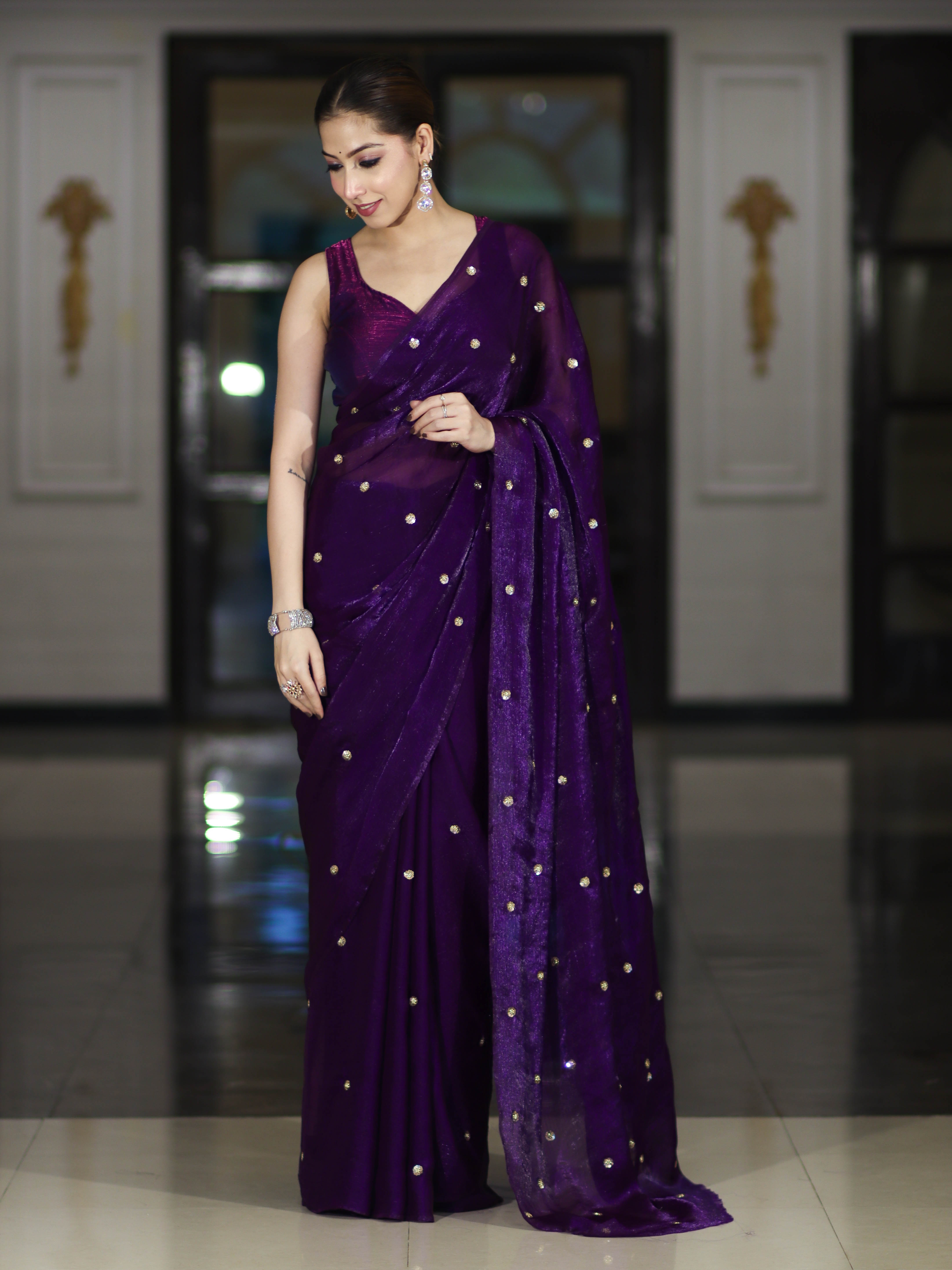 Banarasee Handwoven Dual Shaded Chiffon Saree With Aari Motifs-Violet