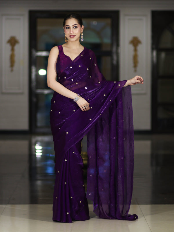 Banarasee Handwoven Dual Shaded Chiffon Saree With Aari Motifs-Violet