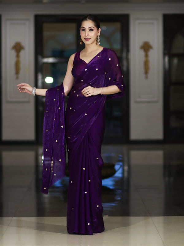 Banarasee Handwoven Dual Shaded Chiffon Saree With Aari Motifs-Violet