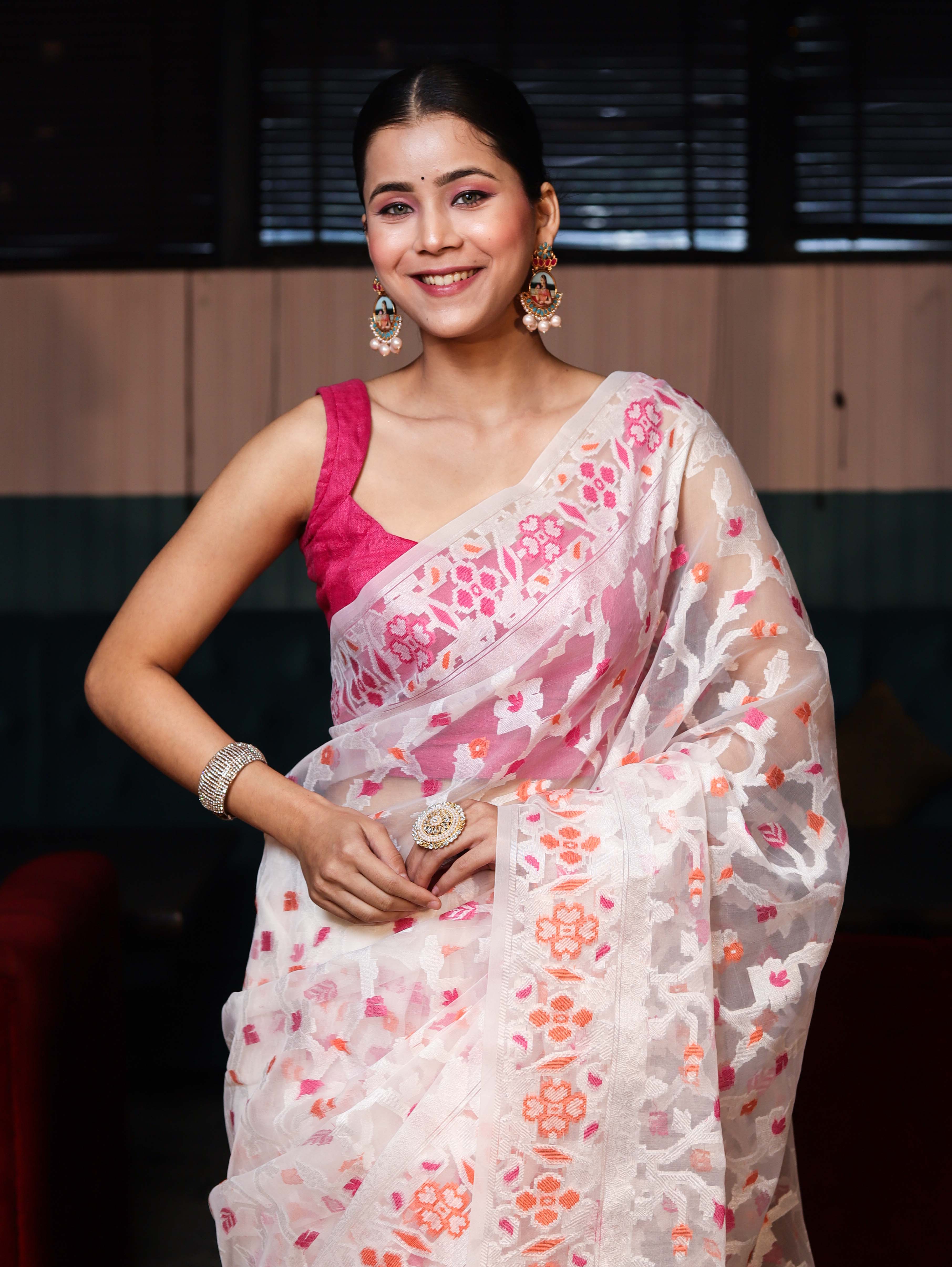 Banarasee Organza Mix Saree With Zari Jaal Design-White