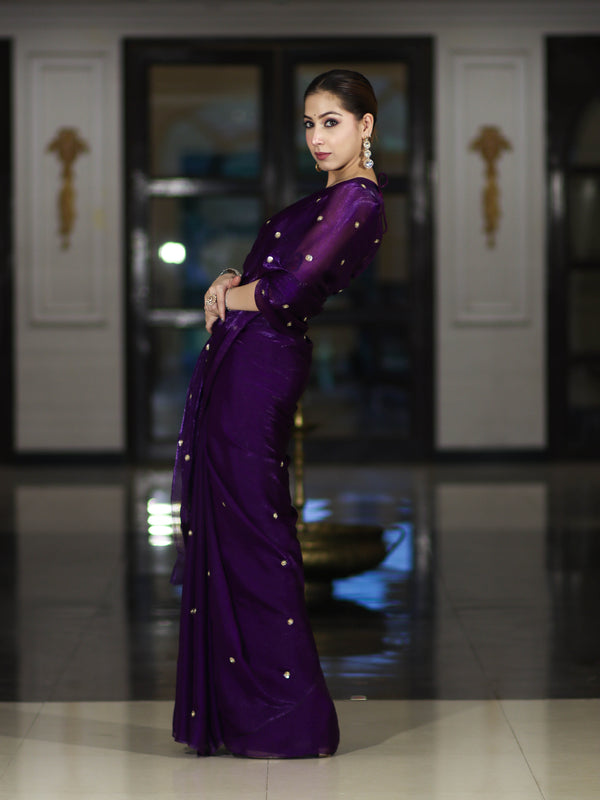 Banarasee Handwoven Dual Shaded Chiffon Saree With Aari Motifs-Violet