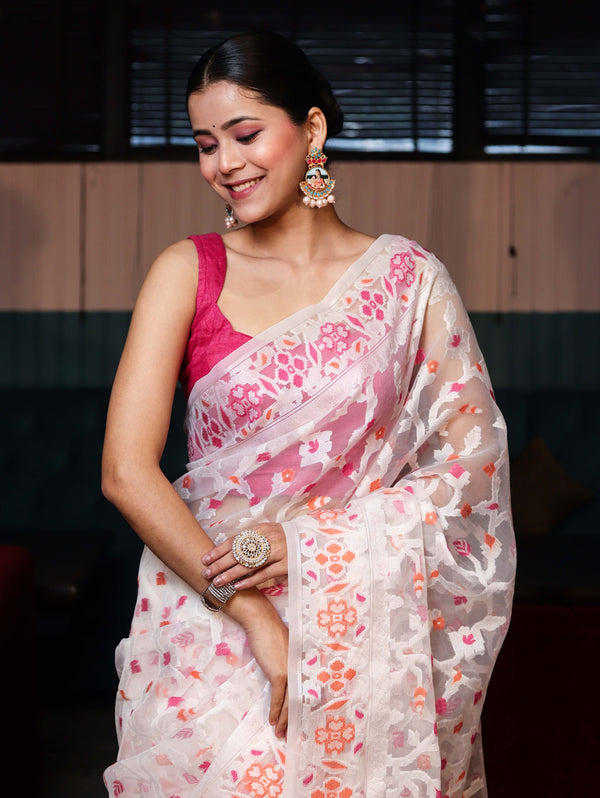 Banarasee Organza Mix Saree With Zari Jaal Design-White