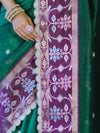 Banarasee Handwoven Tissue Saree With Buti Design Contrast Meena Border & Lace-Green & Violet