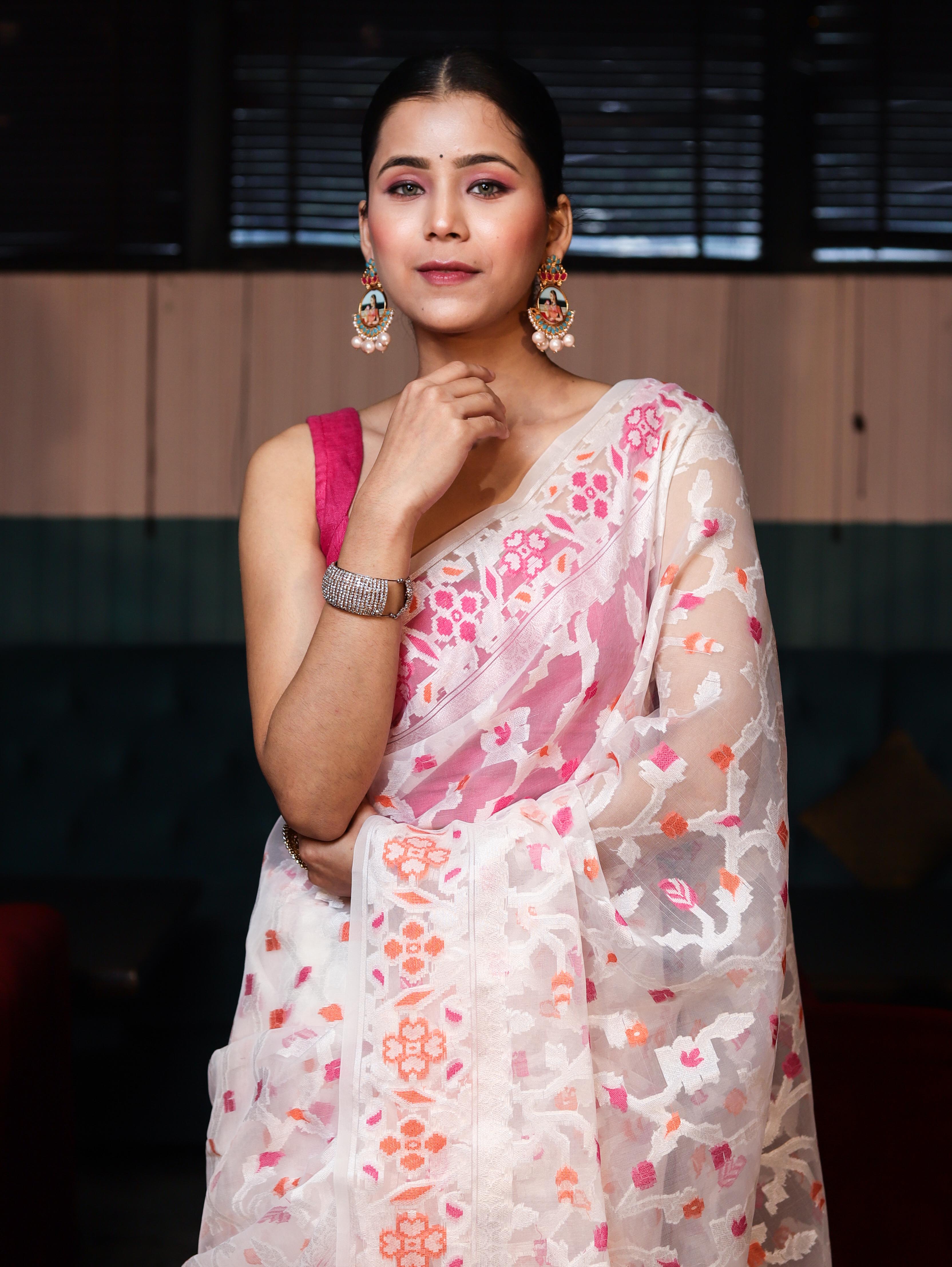 Banarasee Organza Mix Saree With Zari Jaal Design-White