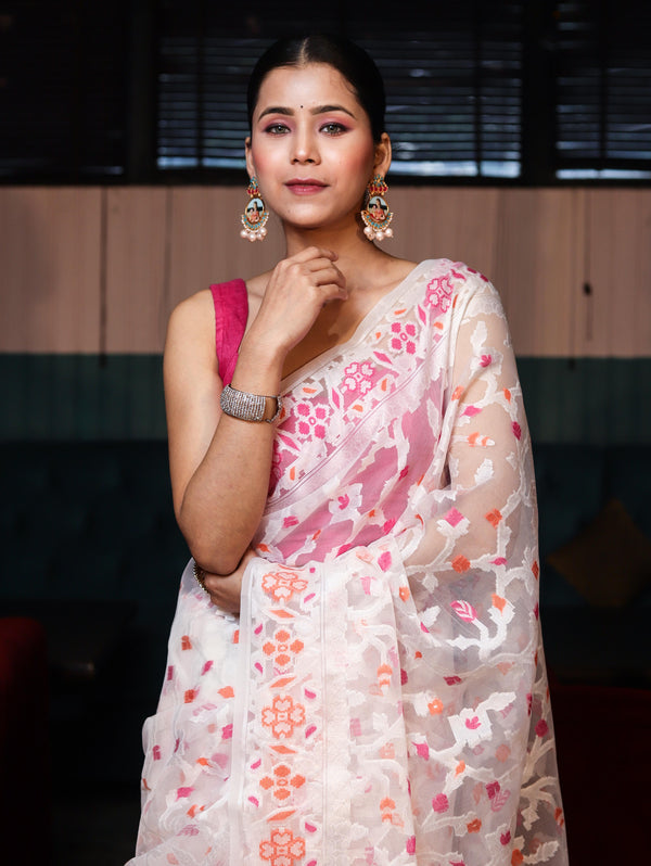 Banarasee Organza Mix Saree With Zari Jaal Design-White