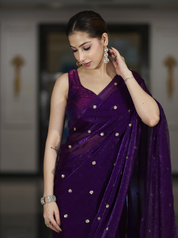 Banarasee Handwoven Dual Shaded Chiffon Saree With Aari Motifs-Violet