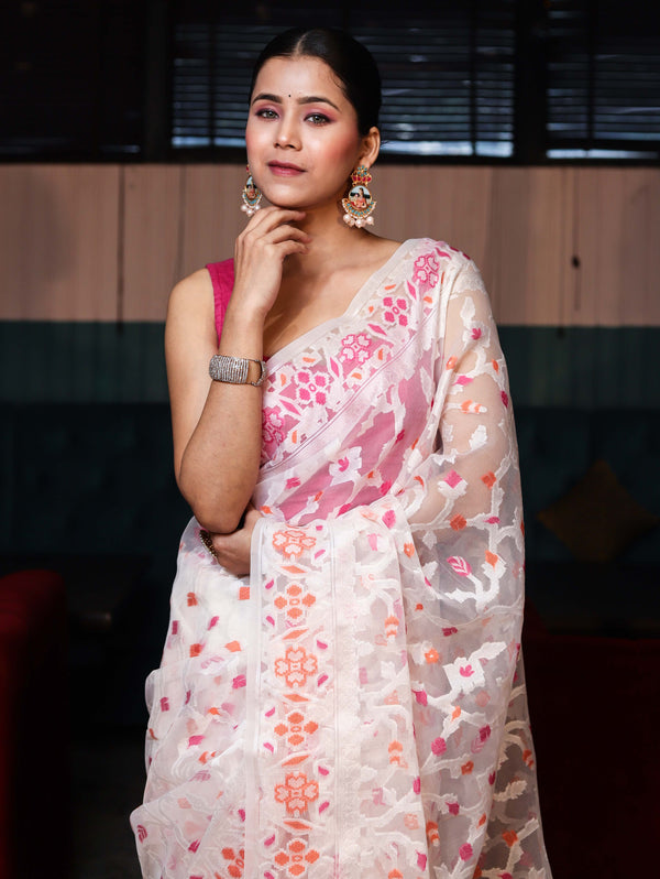 Banarasee Organza Mix Saree With Zari Jaal Design-White