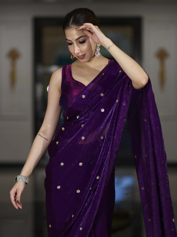 Banarasee Handwoven Dual Shaded Chiffon Saree With Aari Motifs-Violet