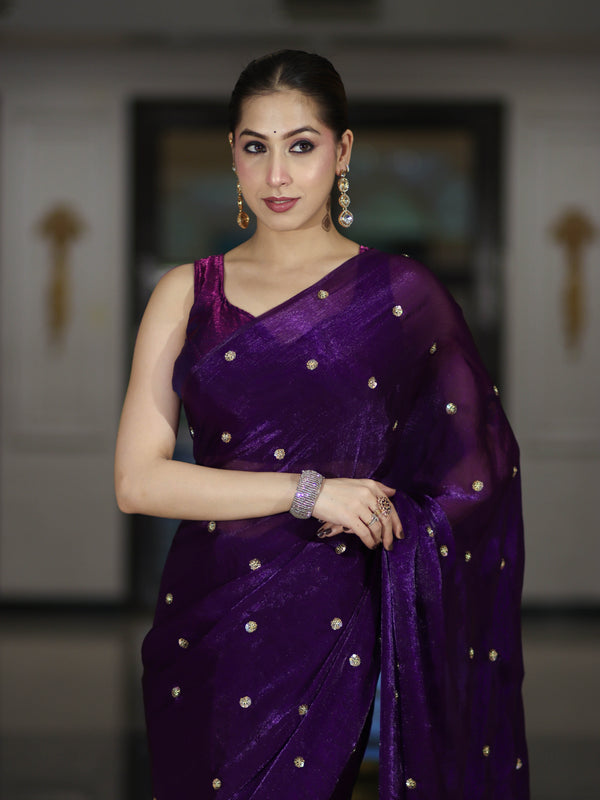 Banarasee Handwoven Dual Shaded Chiffon Saree With Aari Motifs-Violet