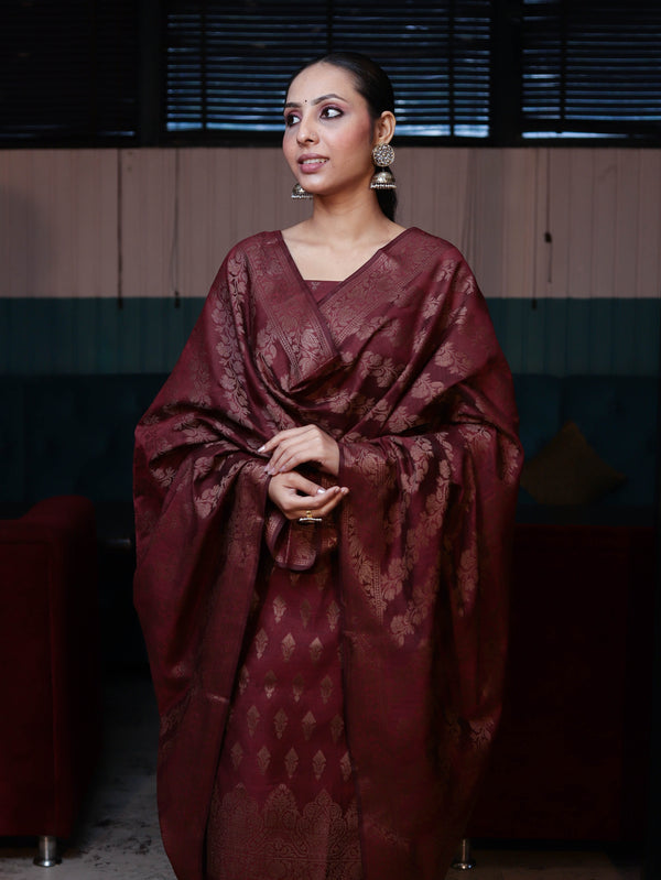 Banarasee Cotton Silk Resham Work Salwar Kameez Fabric With Dupatta Set-Dark Maroon