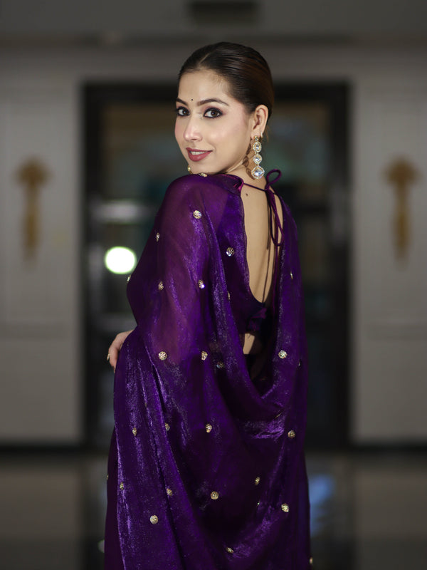 Banarasee Handwoven Dual Shaded Chiffon Saree With Aari Motifs-Violet