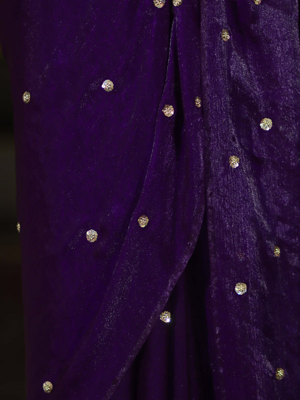 Banarasee Handwoven Dual Shaded Chiffon Saree With Aari Motifs-Violet