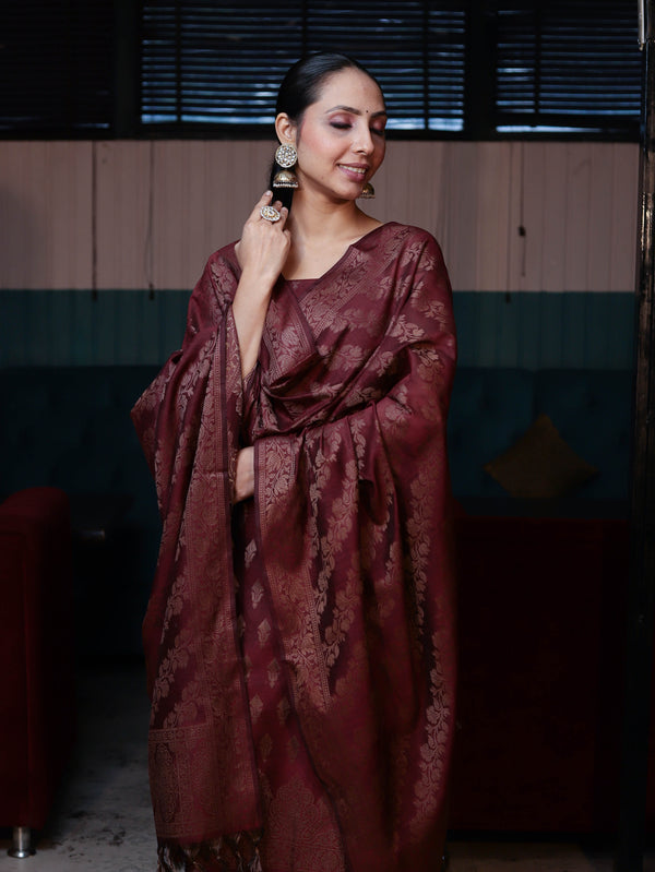 Banarasee Cotton Silk Resham Work Salwar Kameez Fabric With Dupatta Set-Dark Maroon