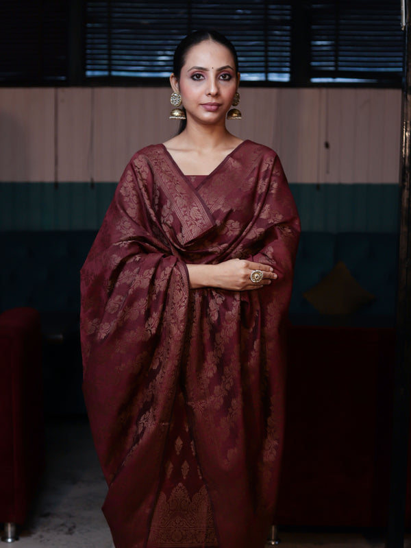 Banarasee Cotton Silk Resham Work Salwar Kameez Fabric With Dupatta Set-Dark Maroon